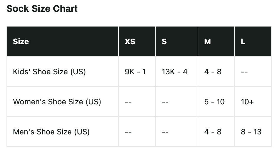 Women's sock top size conversion